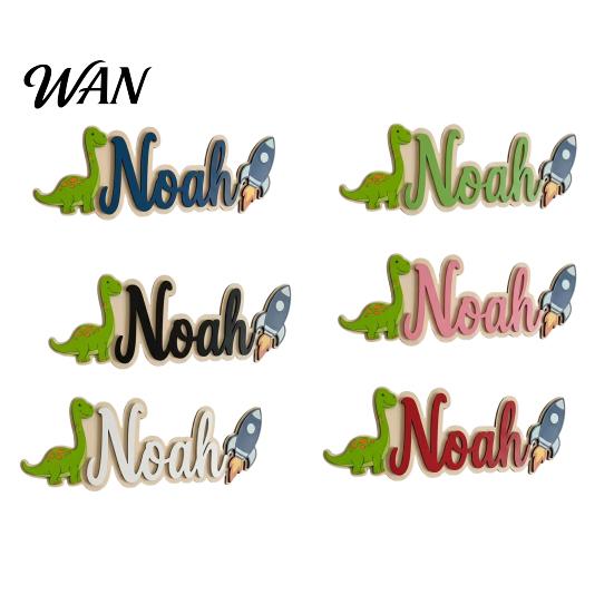 Soft Color Kids Door Decor Personalized Name Sign Dinosaur Rocket Wooden for Boys For Custom Nursery Hanging Wall Bedroom Playroom
