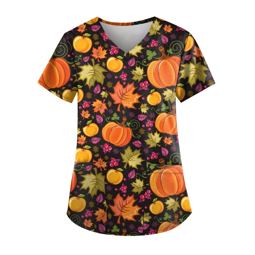 Женские топы с коротким рукавом и V-образным вырезом для Хэллоуина, карманные рабочие футболки