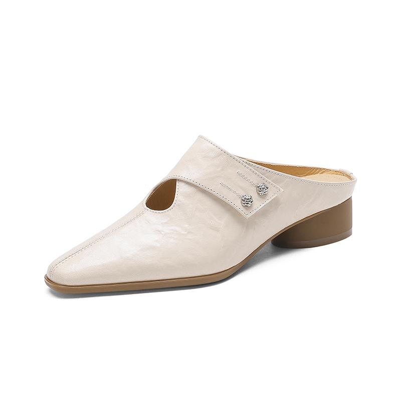 Мода 2025 Лето С закрытым носком Натуральная кожа Шлепанцы Женские Толстый каблук Повседневные Мюли Летние Для ежедневной ходьбы Шлепанцы из овчины