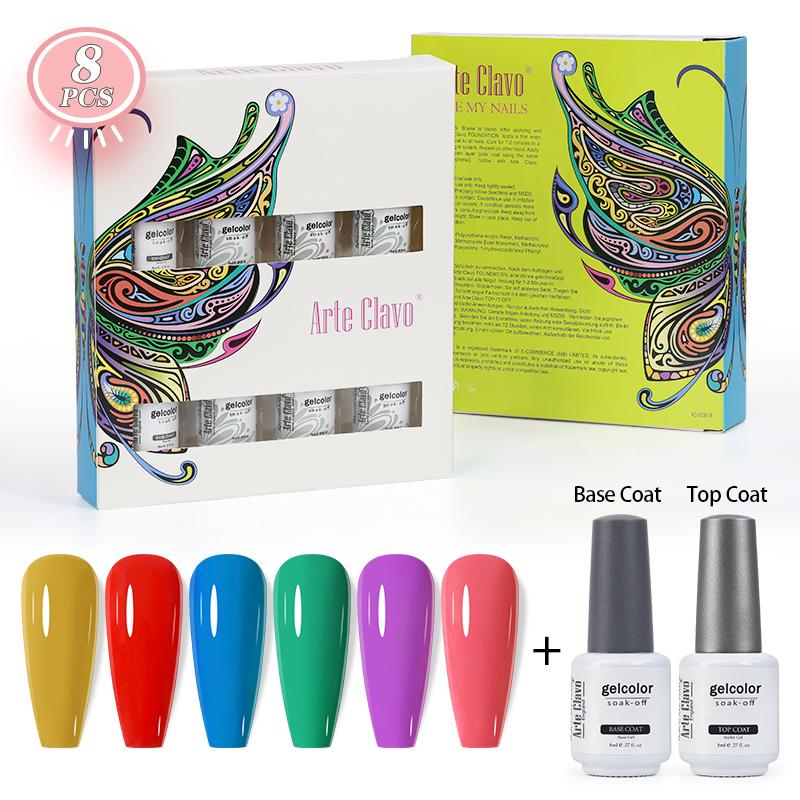Arte Clavo 8 бутылок/набор, высококачественный блестящий гель-лак для ногтей для маникюра, гель-лак для дизайна ногтей, верхнее базовое покрытие, лак