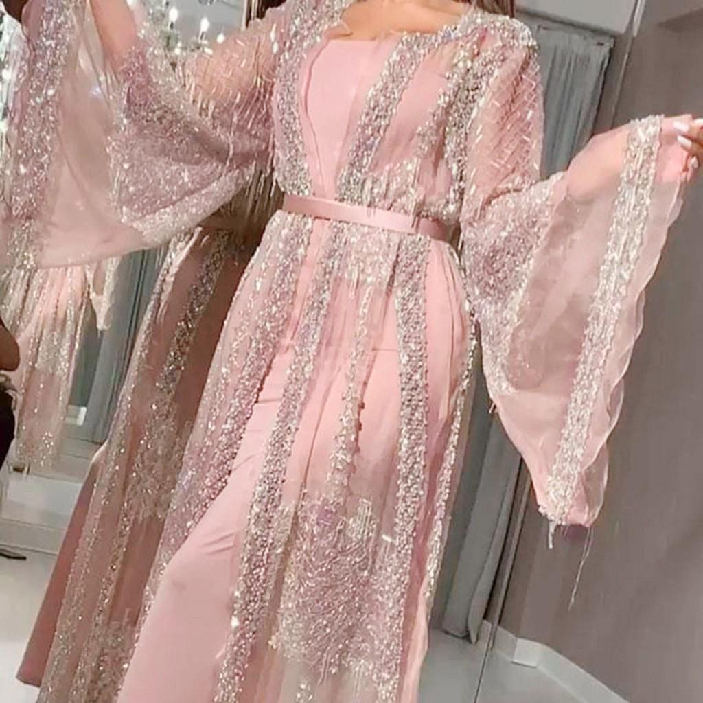 Женский сетчатый костюм с длинными рукавами и блестками, длинное платье из двух частей