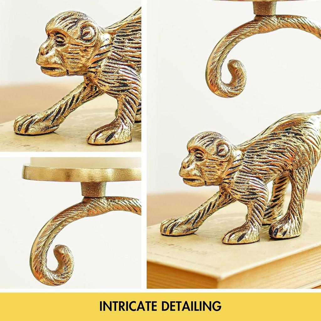 Metal Monkey Pillar Candle Holder Gift Hamper, Festive Gifting Showpiece for Birthday, Housewarming, Anniversary (Set of 2), Gold