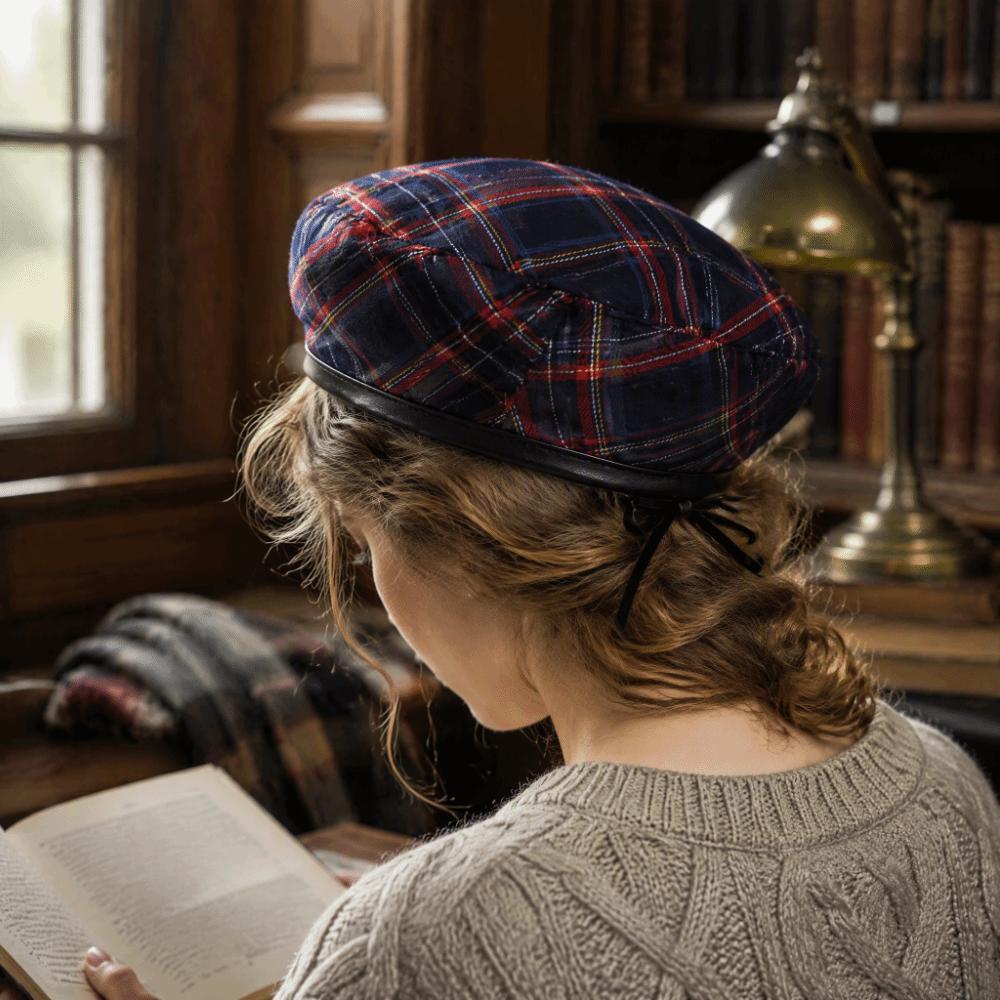 Y2K Tartan Plaid Beret Drawstring Artist Hat Fashion Newsboy Cap Girl