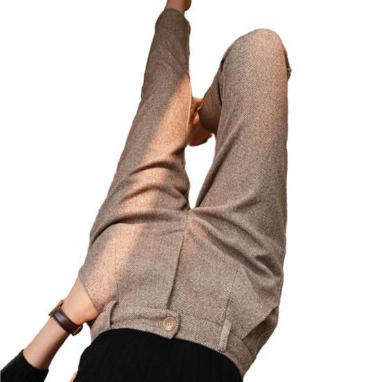 Women Suit Pants Herringbone Print High Waist Thick Warm Slim Fit Straight Soft Pockets OL Commute Formal Long Trousers Lady