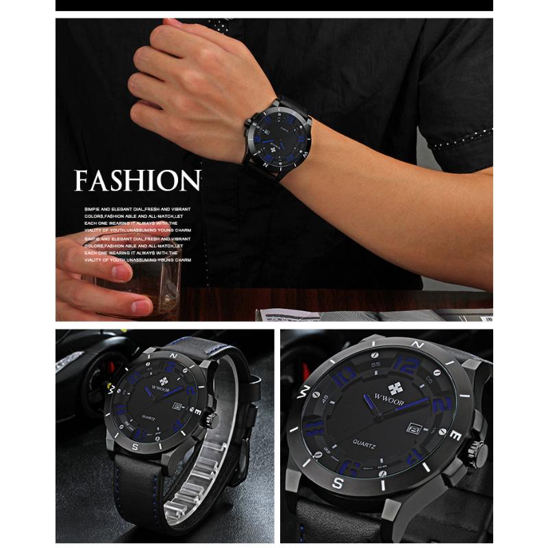 WWOOR Спортивные мужские часы с кожаным ремешком Матовый черный корпус с календарем Водонепроницаемые кварцевые часы