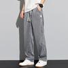 Men Summer Pants Elastic Waist Adjustable Drawstring Long Trousers Solid Color Straight Wide Leg Ice Silk Denim Pants