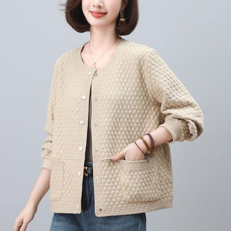 Women's Midlife & Senior Round Neck Loose Jacket - New 2025 Spring/Autumn Casual Baseball Cardigan