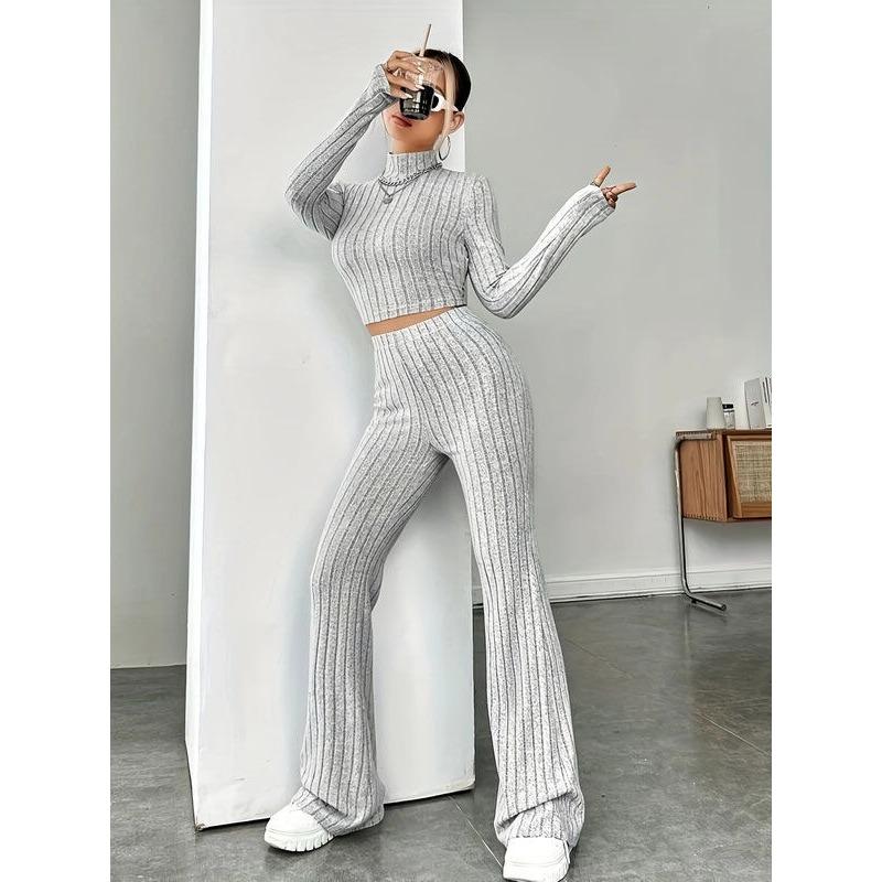 Solid Color Pit Stripe Long Sleeved Knitted Sweater Set Casual Sweater Suits Office Lady Outfits Sportwear 2 Piece Pant Sets