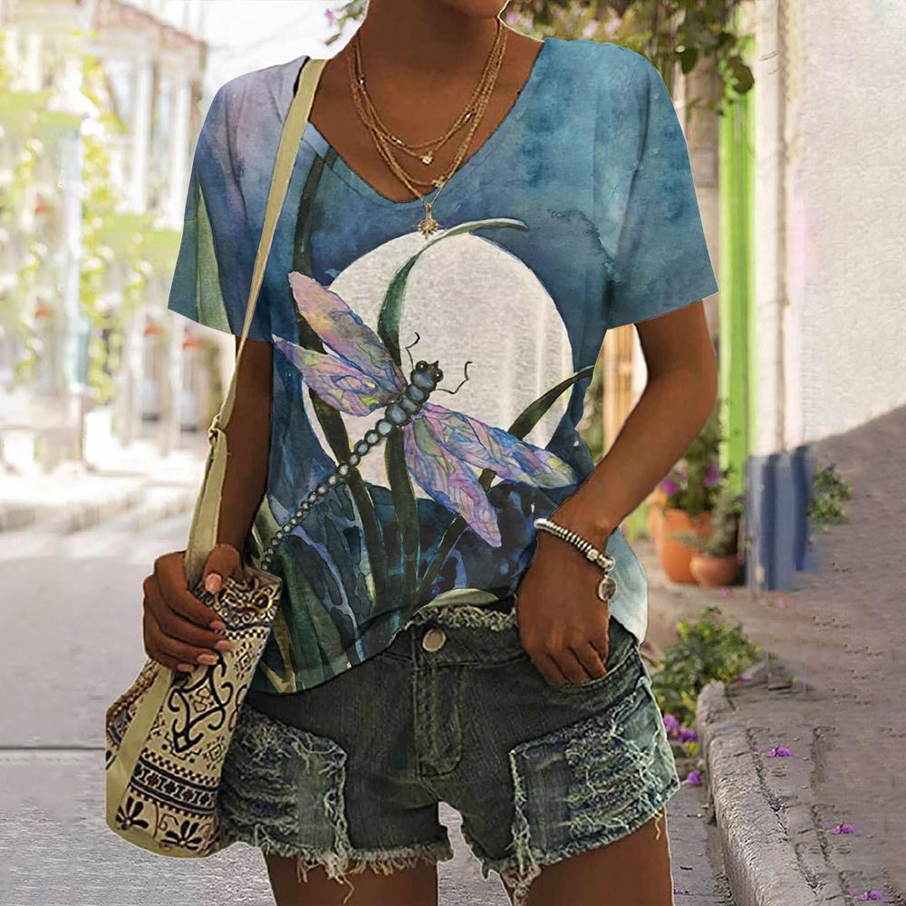 Женская футболка с принтом стрекозы, топы, одежда в стиле Харадзюку для женщин, летние повседневные футболки с v-образным вырезом и короткими рукавами, женский модный пуловер