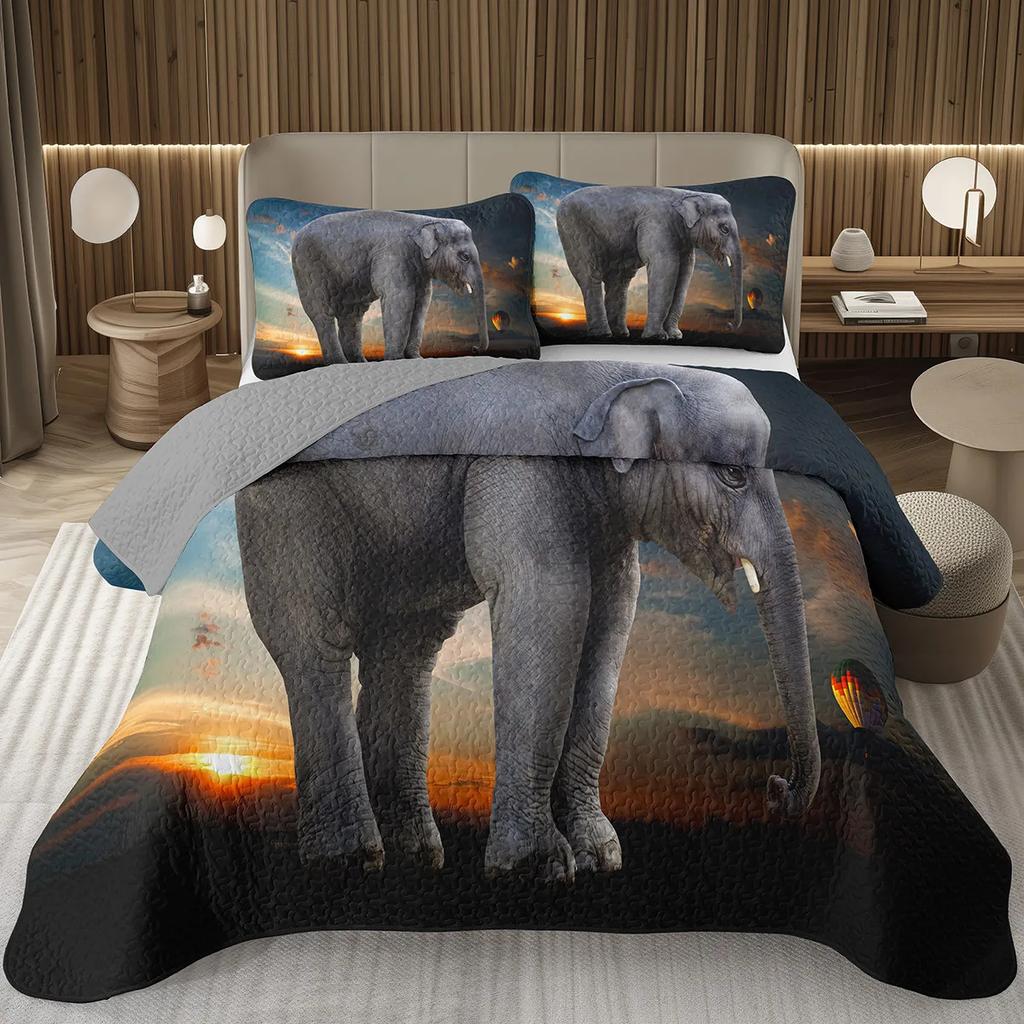 Elephant Bedspread Twin Queen King Size African Safari Animal Theme Quilt Set Jungle Wildlife Coverlet Set with 1/2 Pillowcase