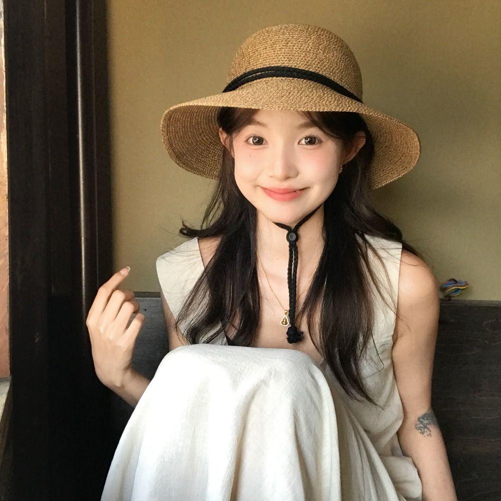 Wide Brim Straw Bucket Hat Summer Visor Cap American Women's Straw Hat Travel