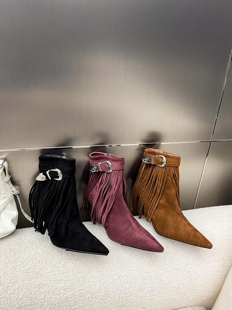 Модные женские ботильоны с острым носком из флокированной замши 2024 года, новые поступления, черные, коричневые, фиолетовые, зимние короткие ботинки челси, размер 35-40