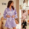 Comfortable Home Wear Women Silk Nightgown with Ruffle Hem, Sexy Long Sleeves V Loose Night Dress Neck Satin Nightshirt, Short Nightdress Sleepwear