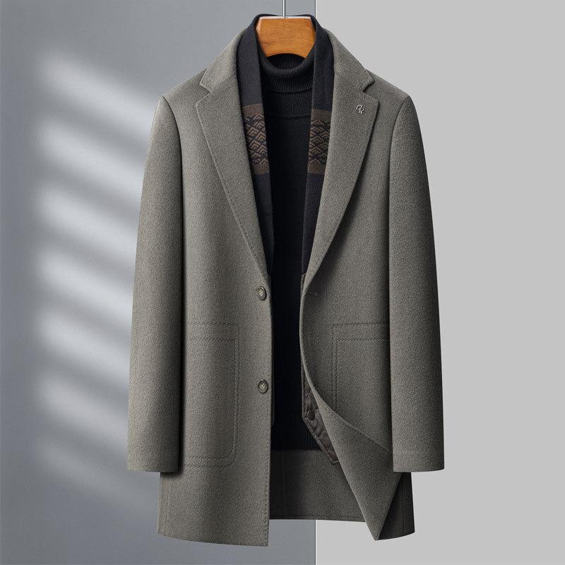 Двустороннее шерстяное пальто для мужчин, зимнее утепленное пальто средней длины со съемным пуховым вкладышем