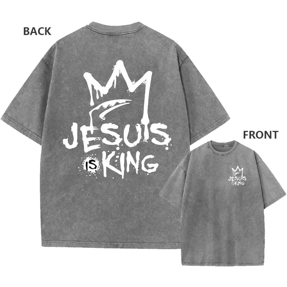 Mens Vintage Washed Cotton Oversized TShirt Jesus Is King Faith Graphic Tee