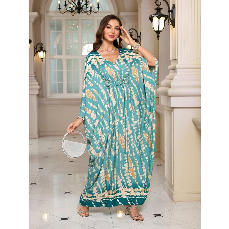 Женская мода весна осень геометрический принт длинный рукав V-образный вырез свободная талия повседневные платья