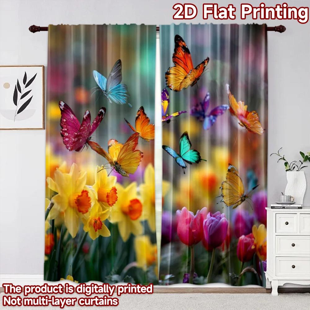 2D flat printing 2pcs Curtain Drapes Spring Butterflies and Flowers Digital Printed Polyester Drapes All Season Party & Holiday