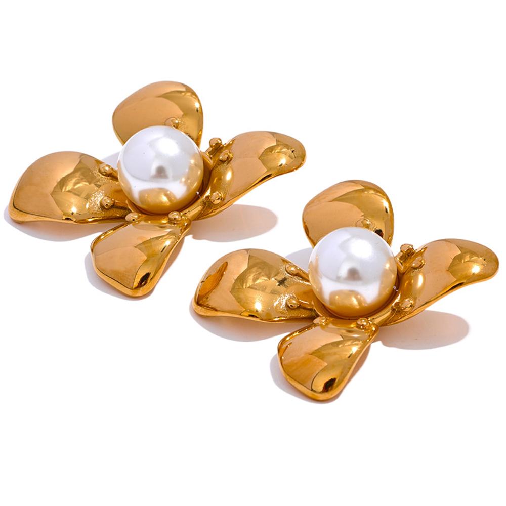 Yhpup Elegant Imitation Pearls Stainless Steel Flower Big Stud Earrings Women Golden Rust Proof Trendy Jewelry Party Gift