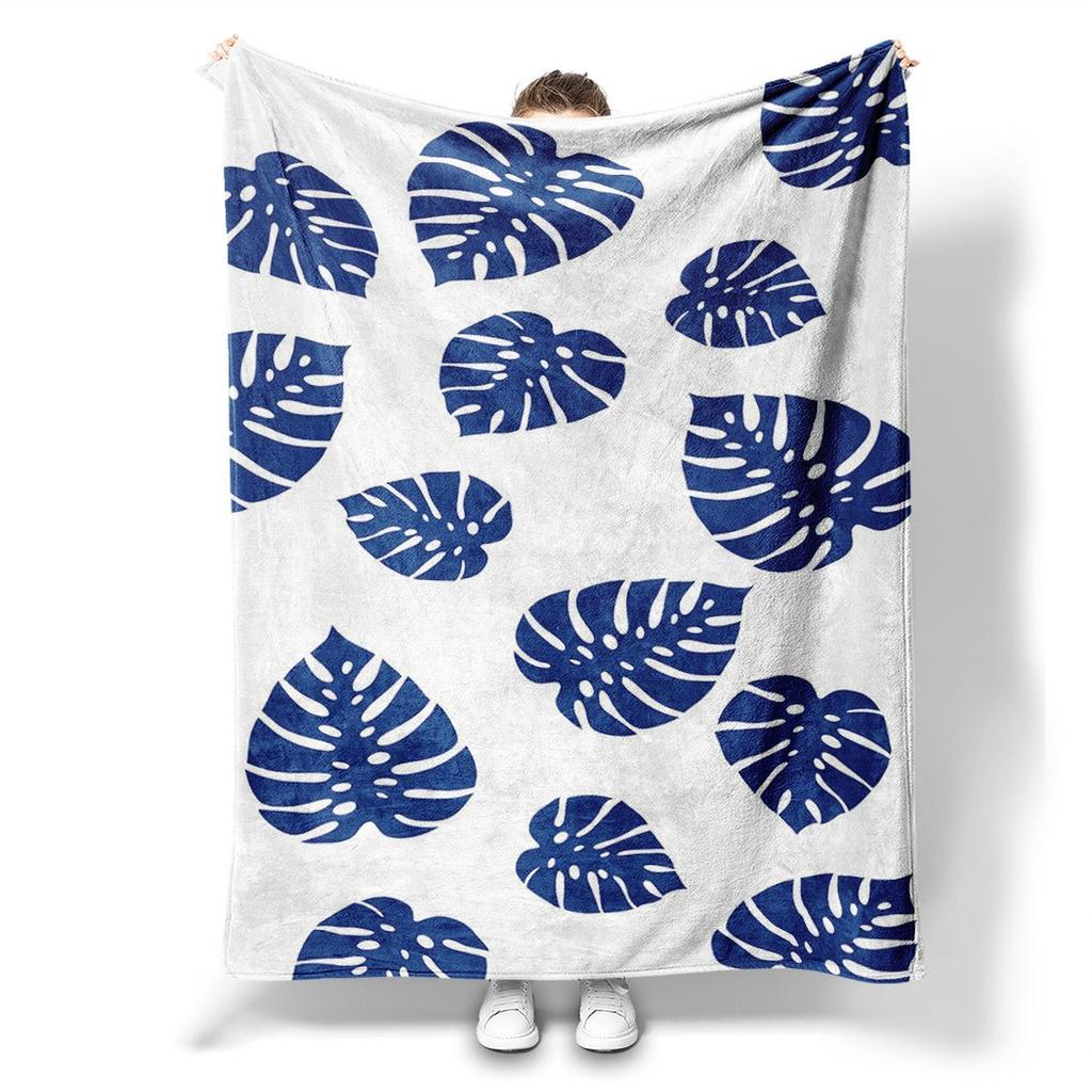 Blue Monstera Leaf Flannel Throw Blanket – Stylish Plant Pattern, Soft Cozy Fleece for Home, Office, Sofa & Car – All-Season Use