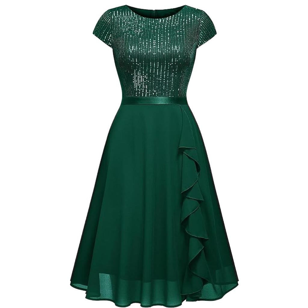 Women's Swing Dresses Sequin Round Neck Short Sleeves A Line Dress Chiffon Skirt Cocktail Party Evening Wedding Guest Outfits Bridesmaid Wear