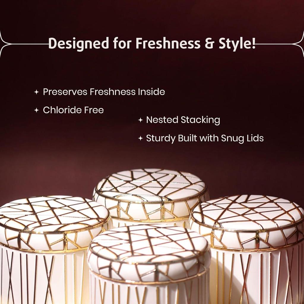 Набор герметичных контейнеров для сухофруктов Royal Linex - 4 штуки (по 450 мл каждый), Миски для закусок с подносом, Классический белый, Поднос для сервировки с мисками для закусок