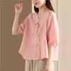 Johnature Women Vintage Shirts Tops Stand Half Sleeve Blouses Summer Button Chinese Style Loose Shirts