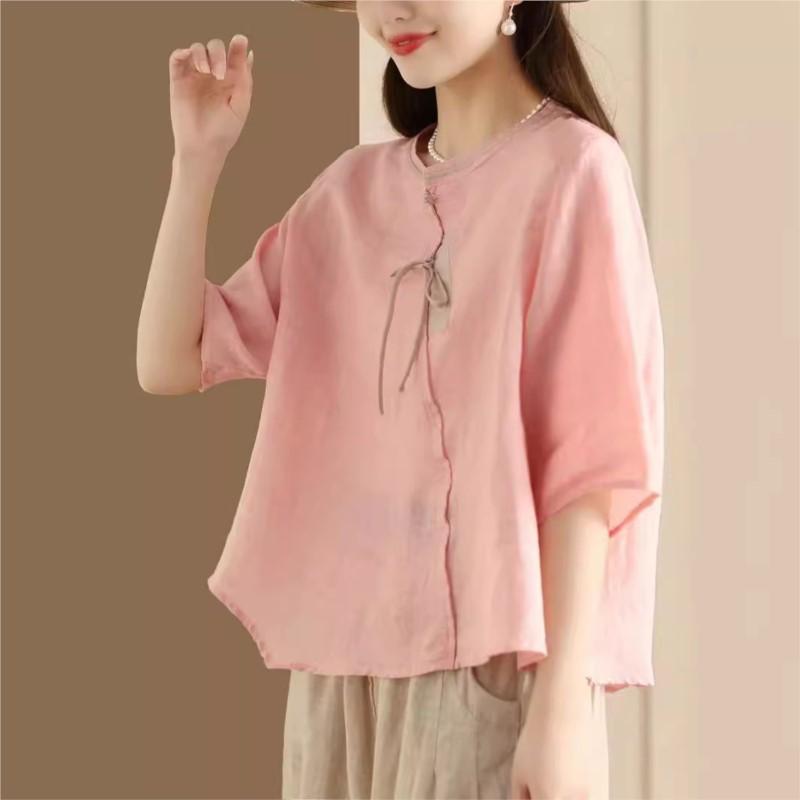 Johnature Women Vintage Shirts Tops Stand Half Sleeve Blouses Summer Button Chinese Style Loose Shirts
