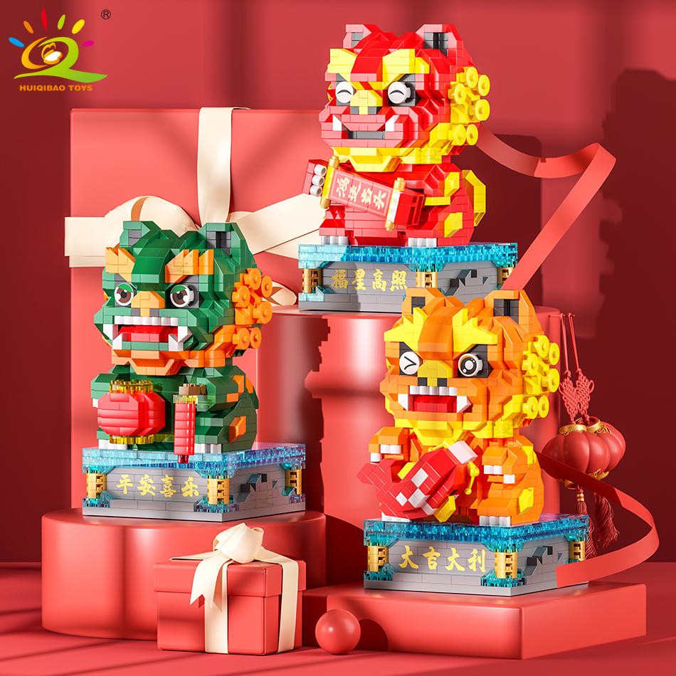 Китайский стиль Lucky Dancing Lion Diamond Micro Building Blocks Украшение стола Кирпичи Детские собранные игрушки для детей
