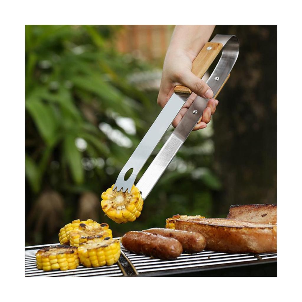 Wooden Handle Shovel Fork Outdoor Barbecue Tools BBQ Barbecue Set Grill Household Barbecue Clip , 3PCS