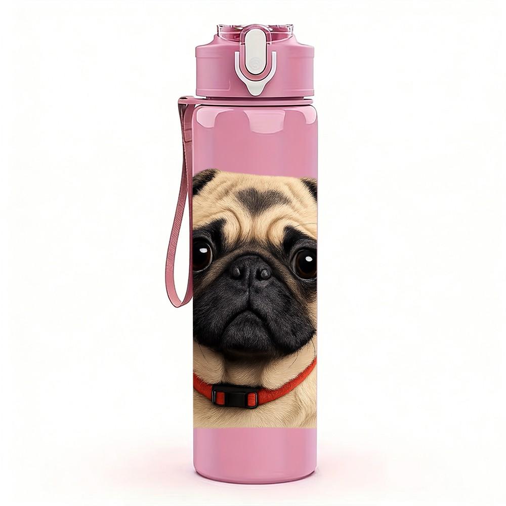 1PC Pug Dog Wrinkled Face Close Up 750ml Color Plastic Sports Water Bottle Leakproof Flip Straw Lid Suitable for Sports Office Home Use