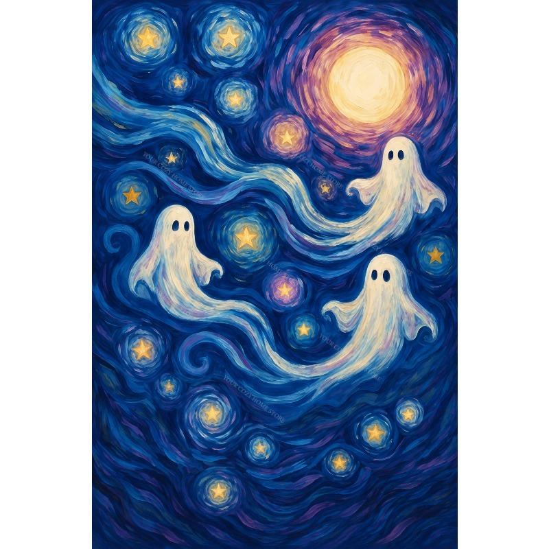 Ghost Canvas Gallery Wall Prints Starry Night Pumpkin Witch Dog Wall Art Dark Moody Halloween Farmhouse Holiday Home Decor Gift