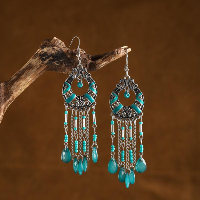 Fashion Boho Beads Chain Tassel Drop Dangle Long Earrings For Women Handmade Geometric Enamel Bohemian Vintage Earrings Jewelry