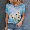 Casual and Fashionable Light Blue Gradient with Floral Print Women's Summer Versatile Daily Short Sleeved T-shirt