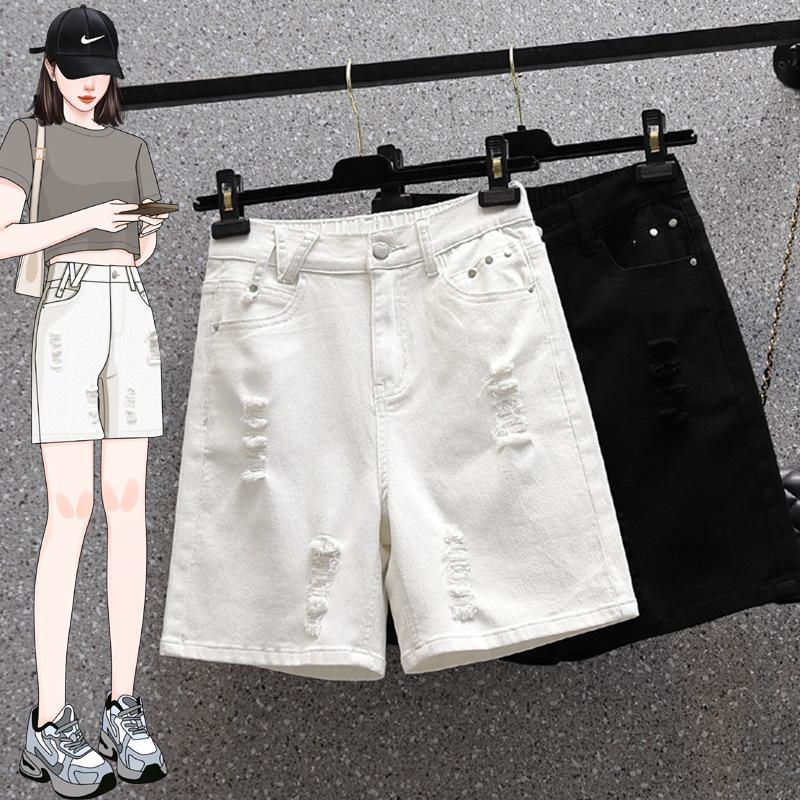 Ladies' Trousers Summer Big Yards Elastic Hole Denim Shorts High Waist Thin Loose Wide Leg Five-minute Trousers