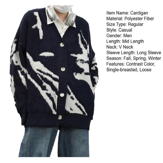 Мужской кардиган, свитер в стиле ретро, американский стиль, V-образный вырез, свободный однобортный, контрастного цвета, вязаный свитер, пальто, уличная куртка в стиле хип-хоп