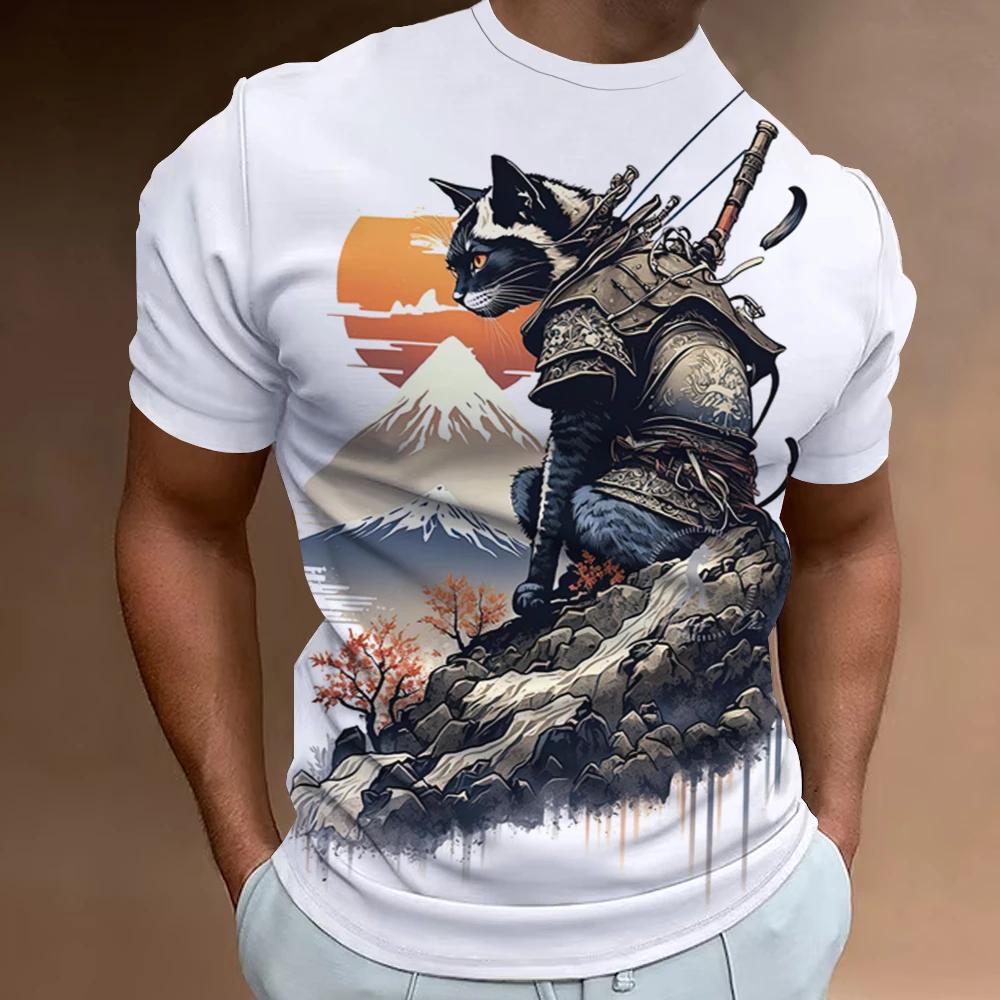 New Retro Men 2024 Fashion Oversized Men's Clothing Quick Drying T-shirt Top T-shirt 3d Samurai Cat Print Short Sleeve T-shirt
