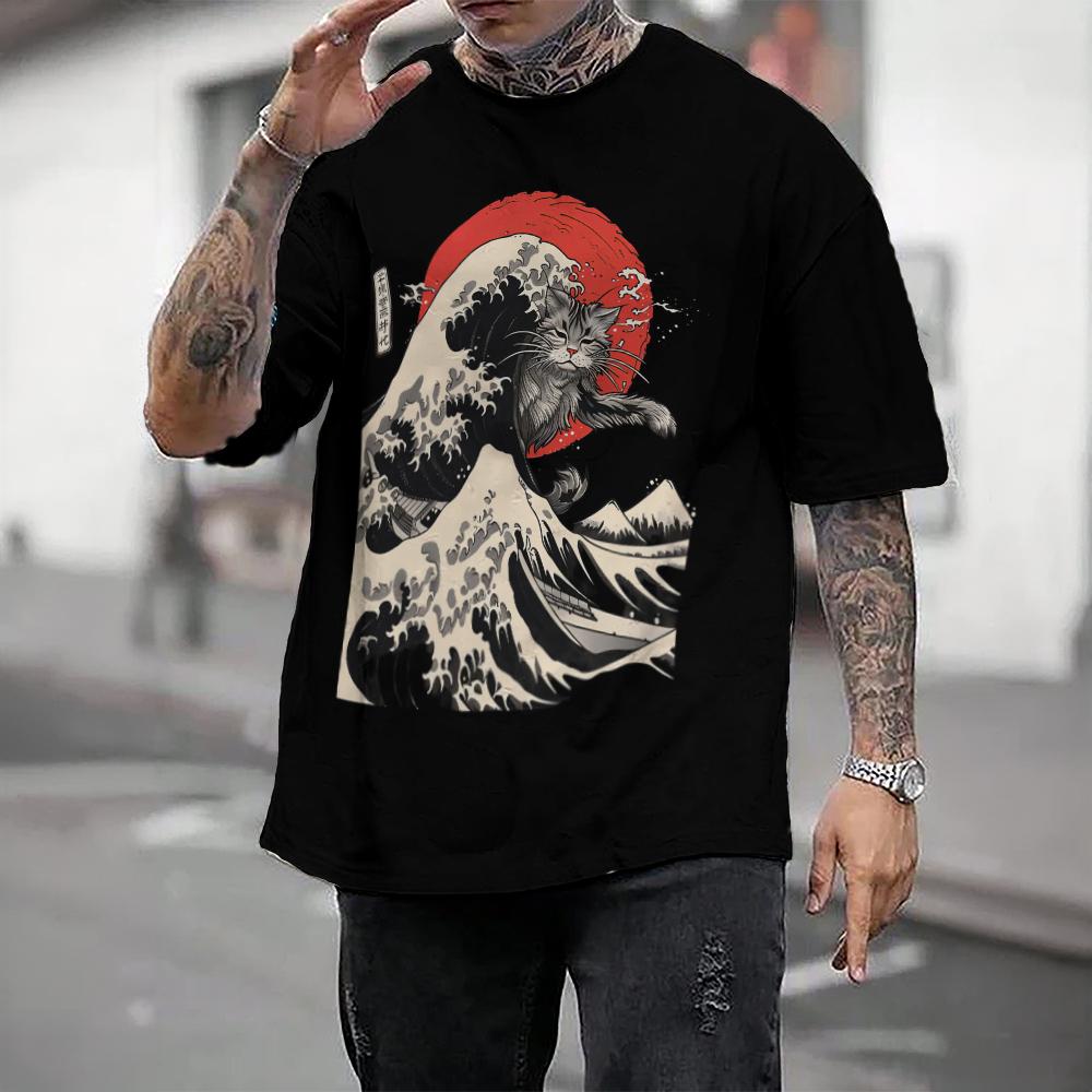 Японская мужская футболка Ukiyo-E и футболка с принтом кота, повседневные свободные футболки с короткими рукавами, мужская одежда большого размера, топы