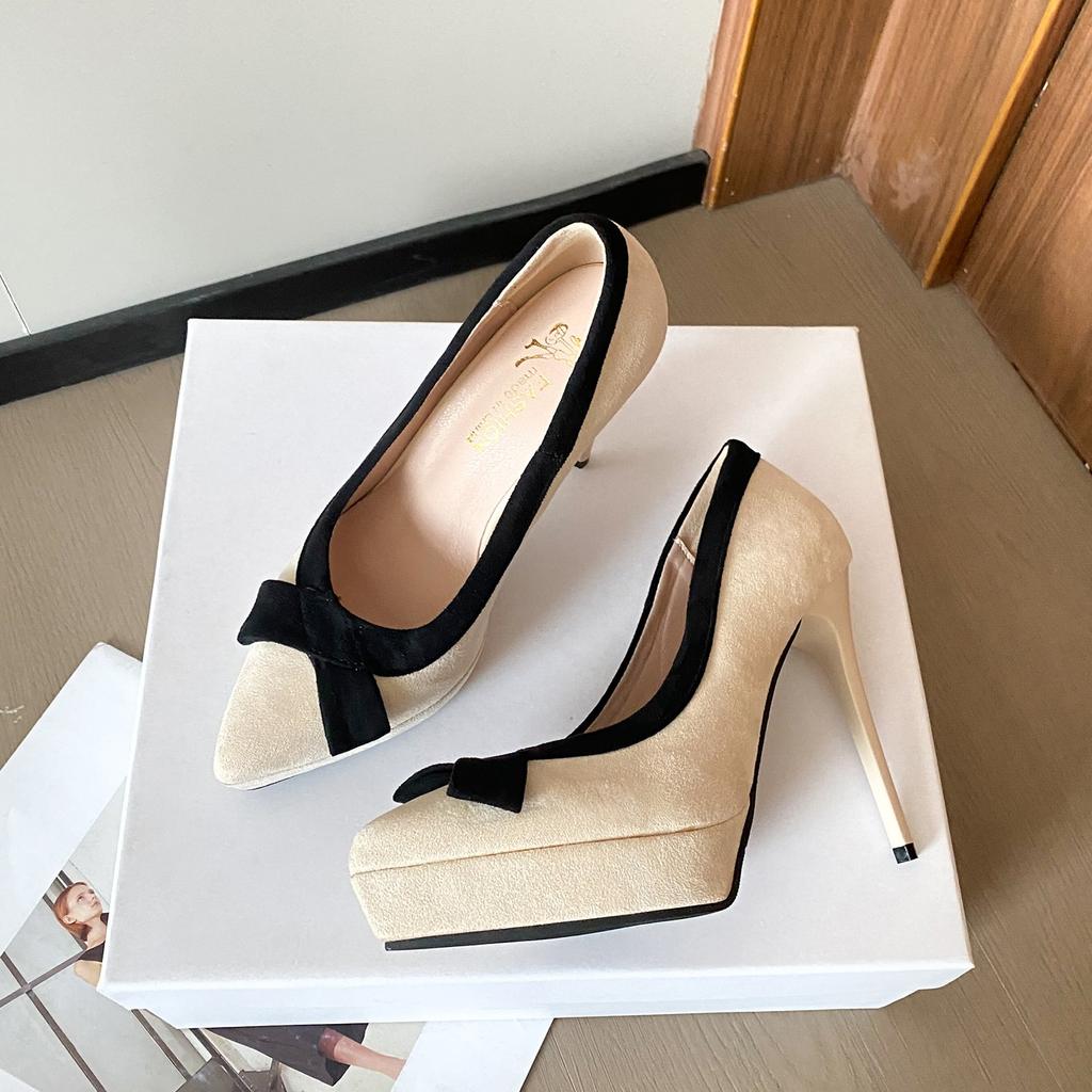 New Style Fashion Women's Popular Platform Super High Heels Women's Bow Small Pointed Toe Stiletto Single Shoes Zapatos Mujer