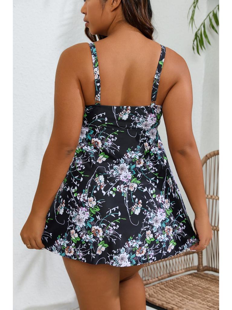 2024 Plus Size Women's Vest Style Two-Piece Swimsuit with Boyleg Swim Trunks - European & American Print Design