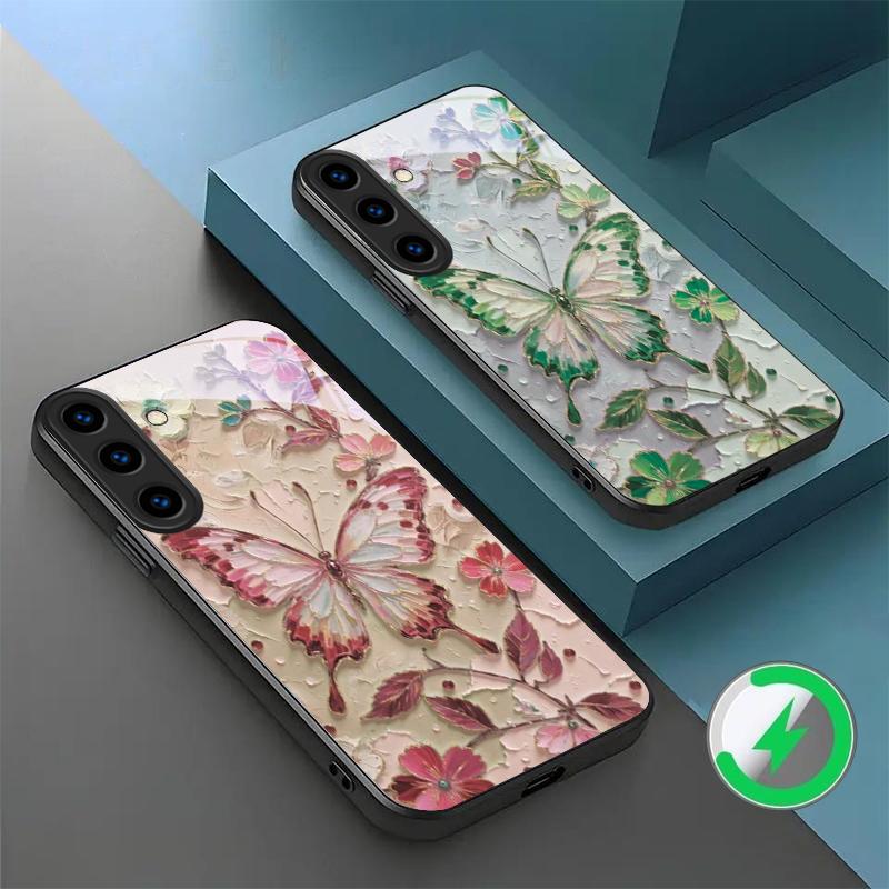 Элегантная розовая бабочка, подходящая для Samsung Galaxy S26 Ultra S20 FE S21 S22+ S23 Plus S24 Ultra 25 Edge, черный стеклянный чехол для телефона