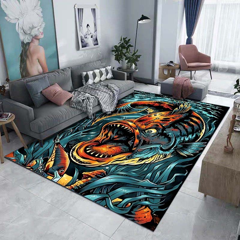 Scary Fishing Printed Carpet for Living Room Bedroom Bedside Bathroom Floor Mat Area Rugged Sofa Mat Home Decor Machine Wash