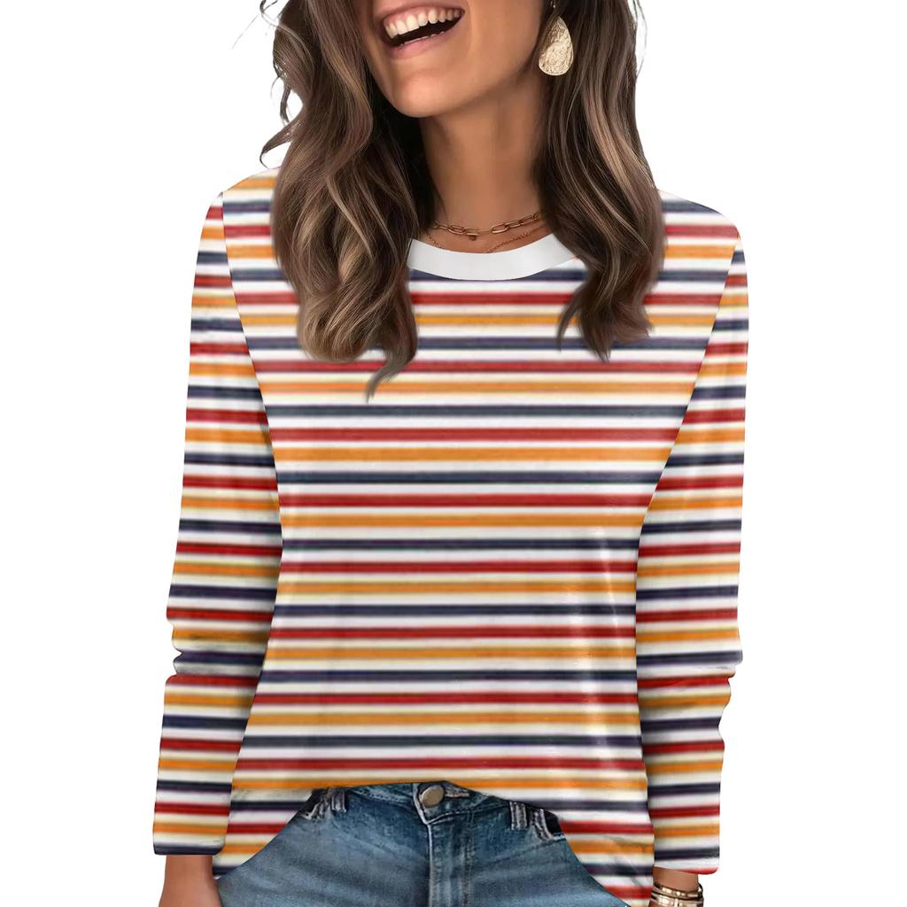 Женский полосатый модный повседневный топ с круглым вырезом и длинными рукавами