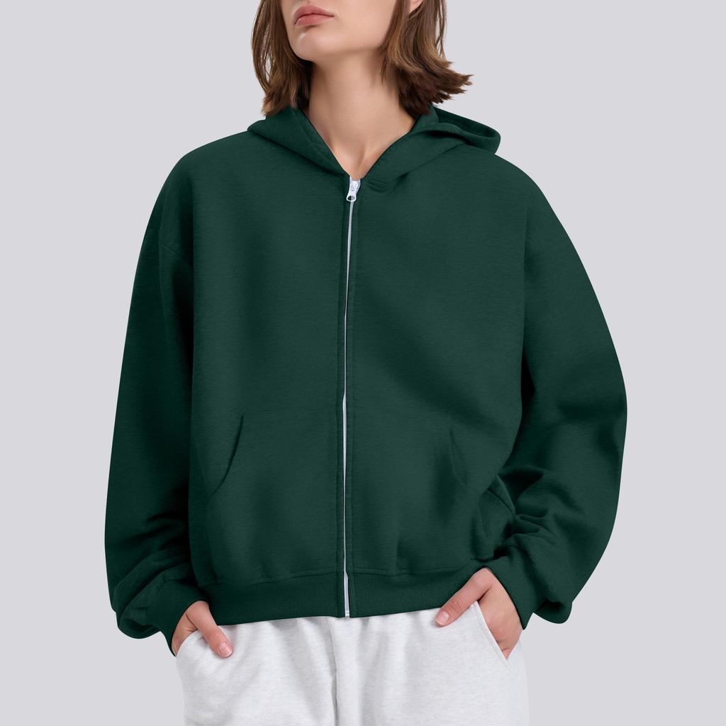 Женская однотонная свободная толстовка с капюшоном на молнии с длинным рукавом