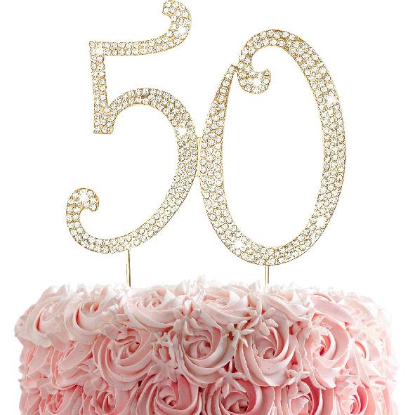 50th Rhinestones Cake Topper, Gold 50th Birthday Cake Decoration, Wedding Anniversary Party Decor Ideal Perfect Keepsake