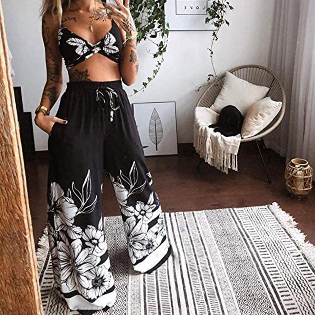 Women Casual Butterfly Printed Sleeveless Camis Tops+Long Pants 2 Piece Set