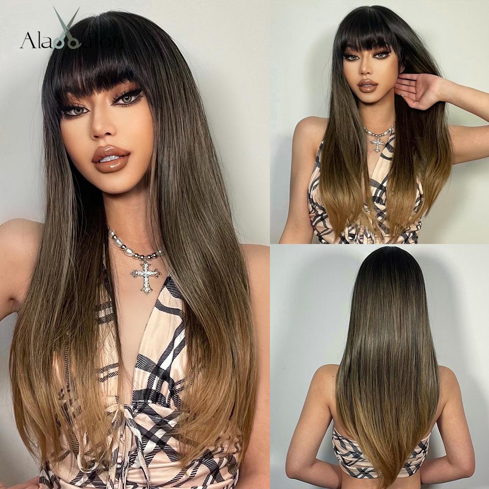 ALAN EATON Темно-коричневый синтетический парик с челкой, шелковистые прямые длинные многослойные парики для женщин, термостойкие для повседневного косплея и вечеринки