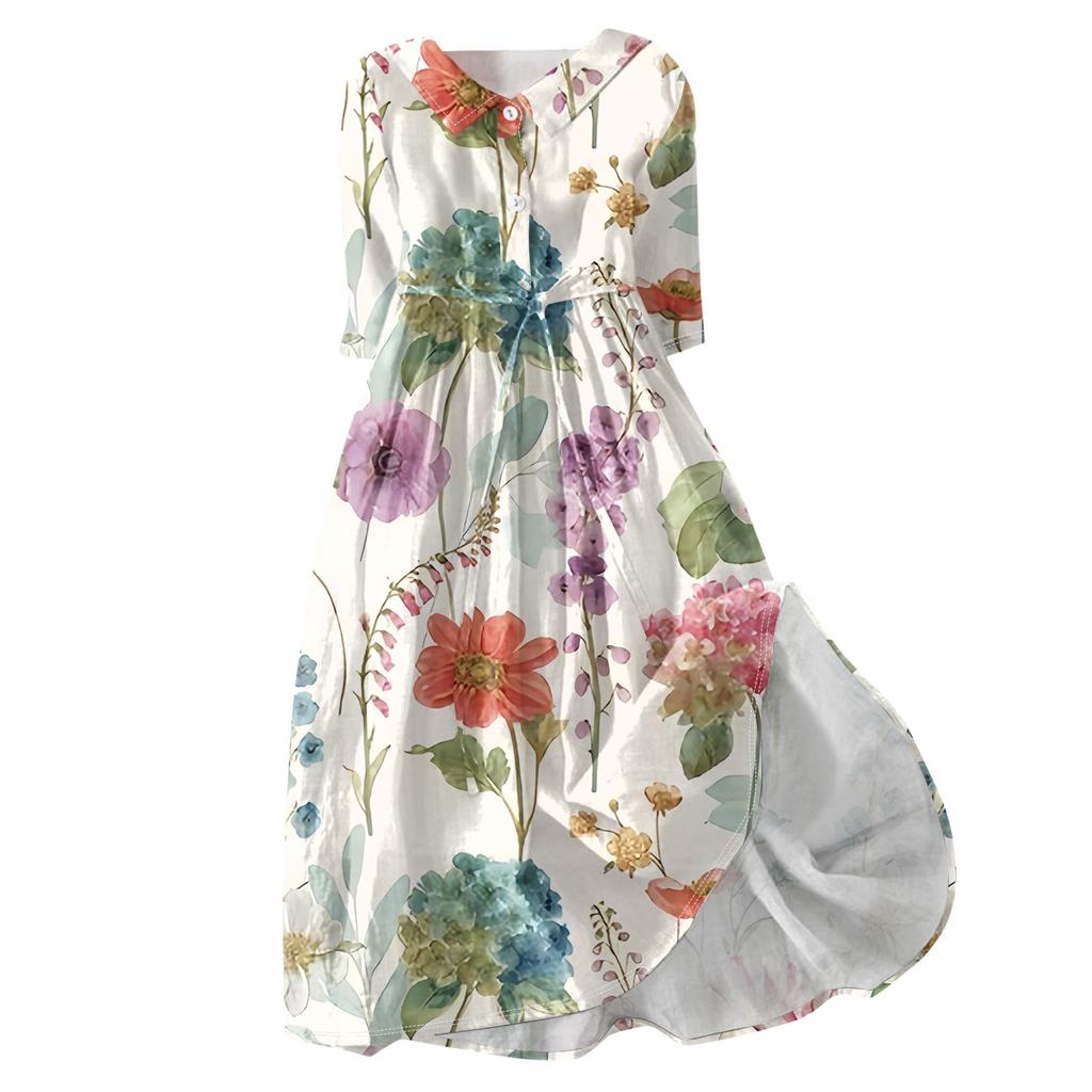 Women's Fashion Floral Printed Lapel Buttoned Seven-Point Sleeve Dress With Tie-Downs