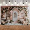 Spring Easter Floral Bunny Pink House Colorful Eggs Dessert Photography Background Kids Party Portrait Home Decor Photo Backdrop8