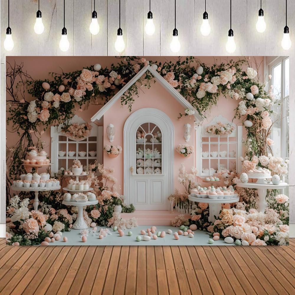 Spring Easter Floral Bunny Pink House Colorful Eggs Dessert Photography Background Kids Party Portrait Home Decor Photo Backdrop8