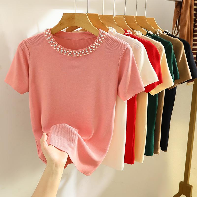 Women's Summer Design Knit T-Shirt Solid Color Short Sleeve Simple Top